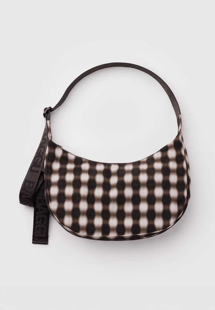 Baggu Medium Nylon Crescent Bag Blurred Gingham Brown