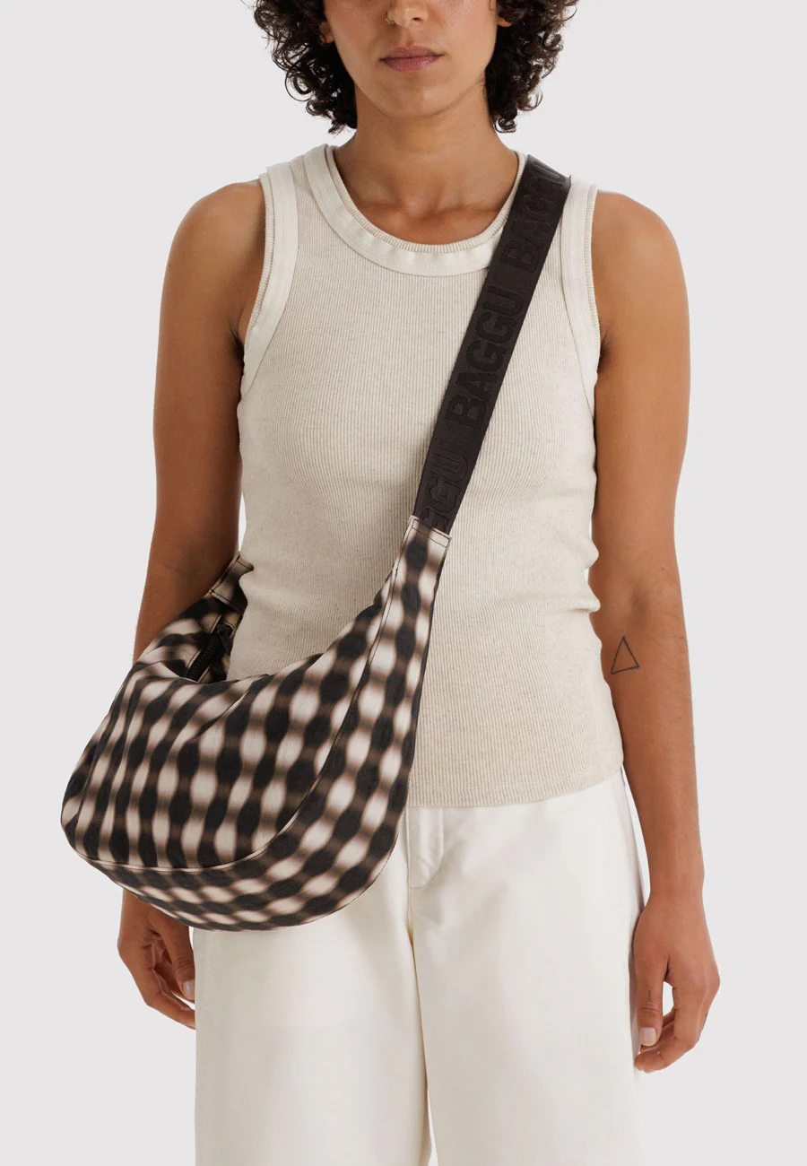 Baggu Medium Nylon Crescent Bag Blurred Gingham Brown - Image 2