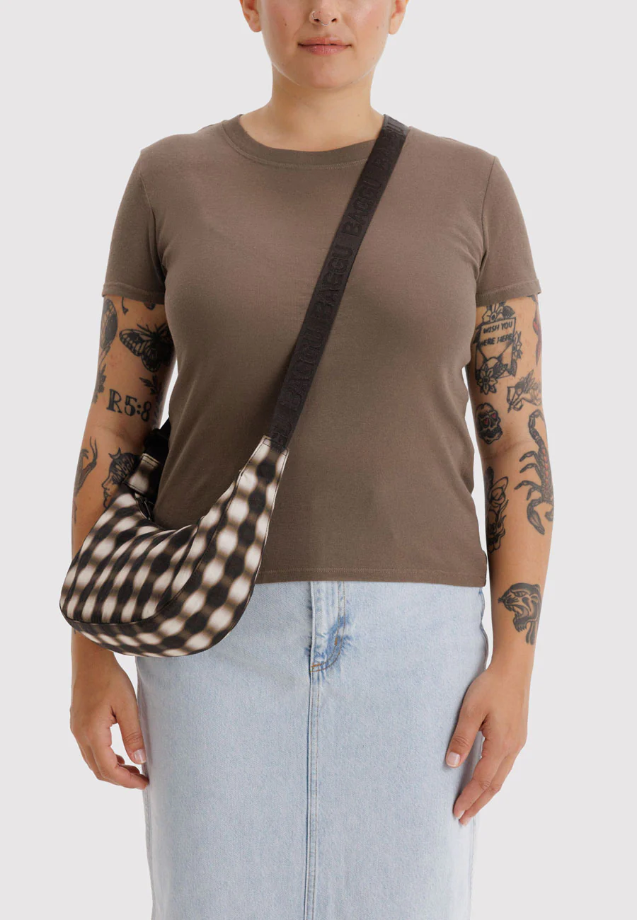 Baggu Small Nylon Crescent Bag Blurred Gingham Brown - Image 2