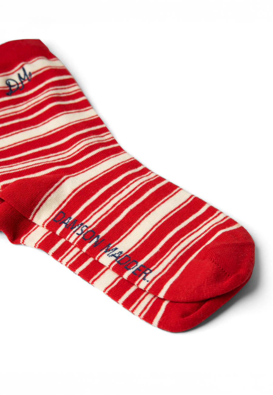 Damson Madder Calf Length Socks Cream & Red Stripe - Image 5