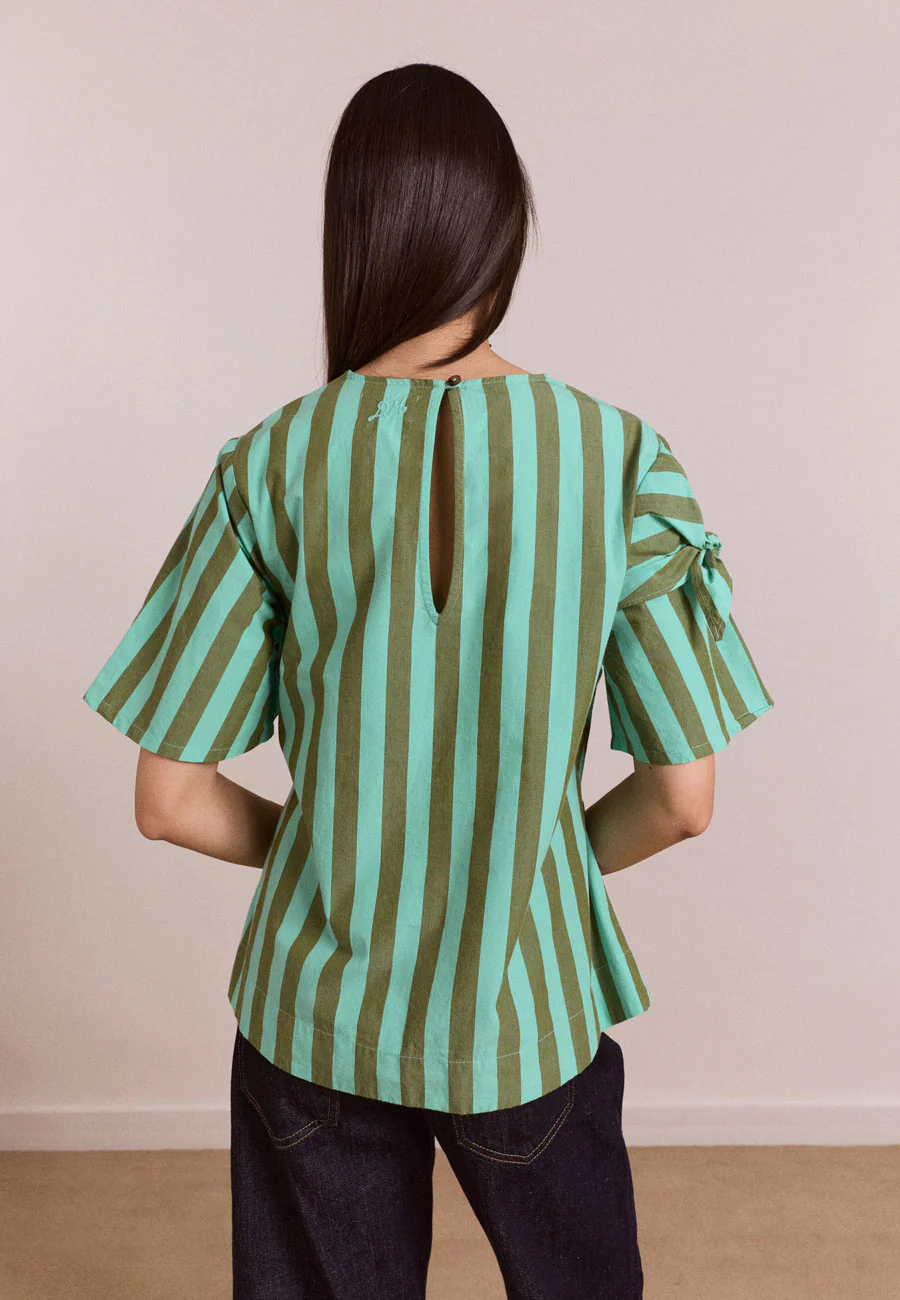 Damson Madder Estelle T-Shirt Blouse Aqua Olive Stripe - Image 3
