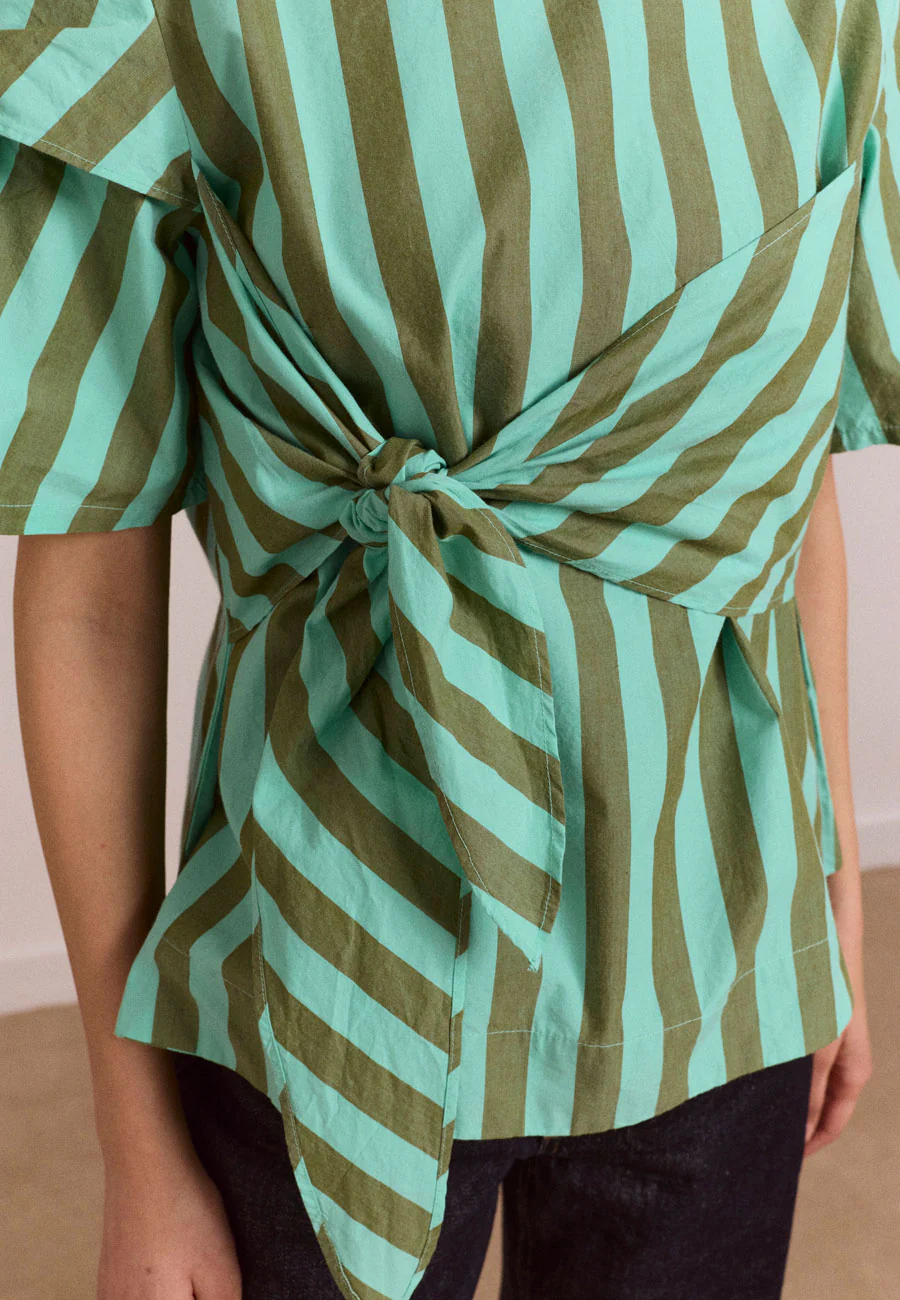 Damson Madder Estelle T-Shirt Blouse Aqua Olive Stripe - Image 4