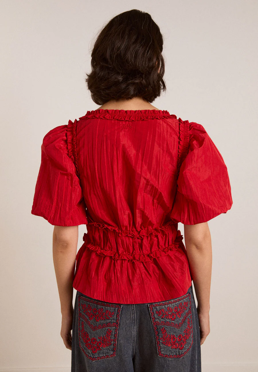 Damson Madder Everly Ruffle Blouse Red Tafetta - Image 3