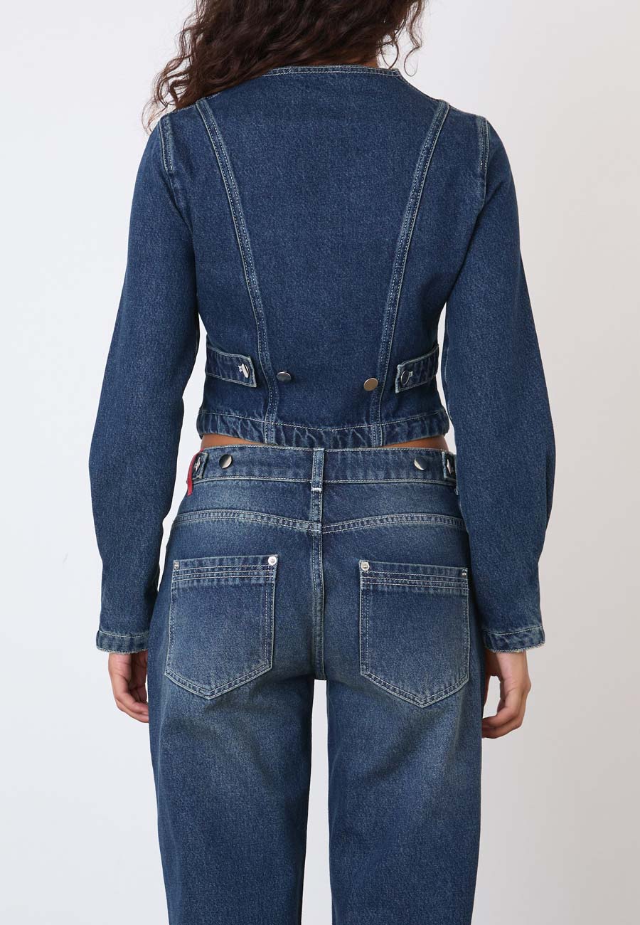 Peachy Den Goldie Fitted Denim Jacket Dark Fade - Image 4