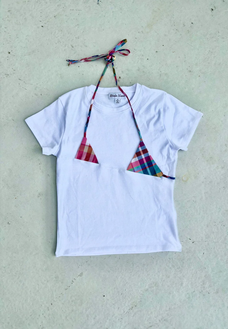 Rhoda Nunn Off-Cut Tee White Pink Madras - Image 5