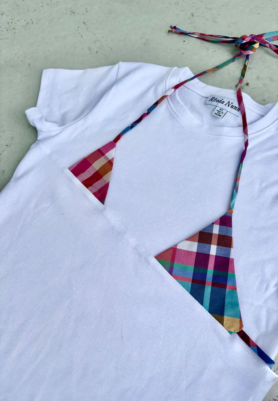 Rhoda Nunn Off-Cut Tee White Pink Madras - Image 6
